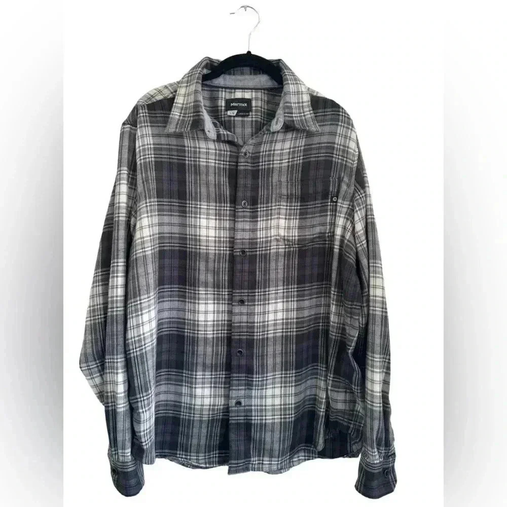 Marmot Men's Large Black & White Plaid Logo Long Sleeve Button Front Flannel